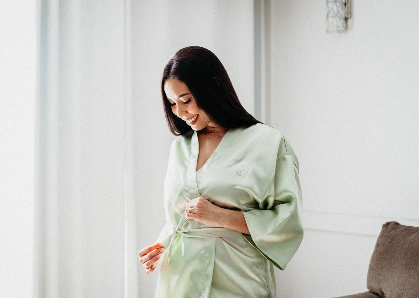 Luxurious Light Green Satin Robe for Women by equilibriumskincarecosmetics