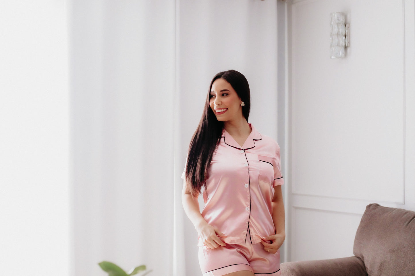 Women's Satin Pajama Set: Elegant Top and Decorative Shorts Ensemble